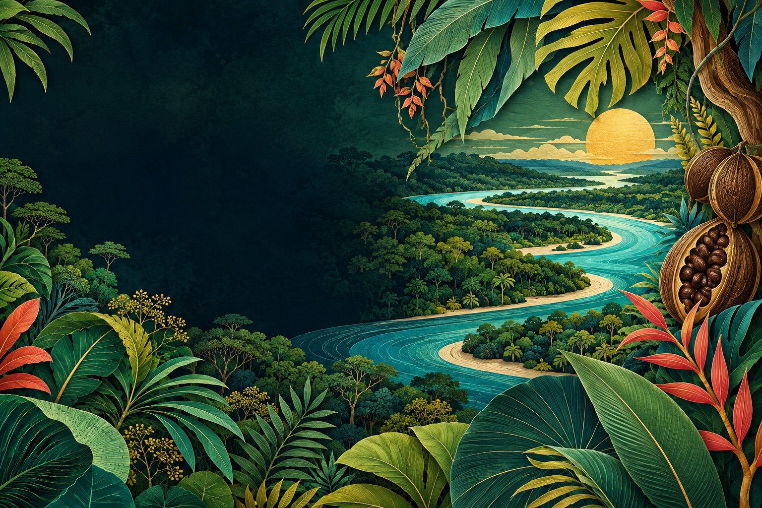 Ilustración editorial de vegetación amazónica, un río turquesa y un sol dorado