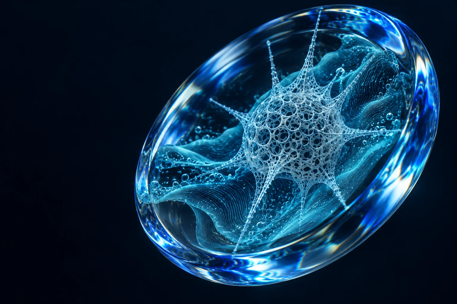 Ilustración conceptual: una lente azul reúne estructuras microscópicas y ondas
